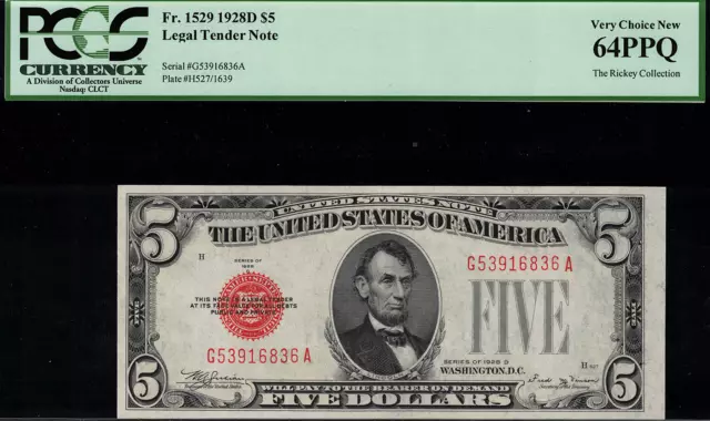 1928D $5 Legal Tender FR-1529 - Graded PCGS 64PPQ - Uncirculated