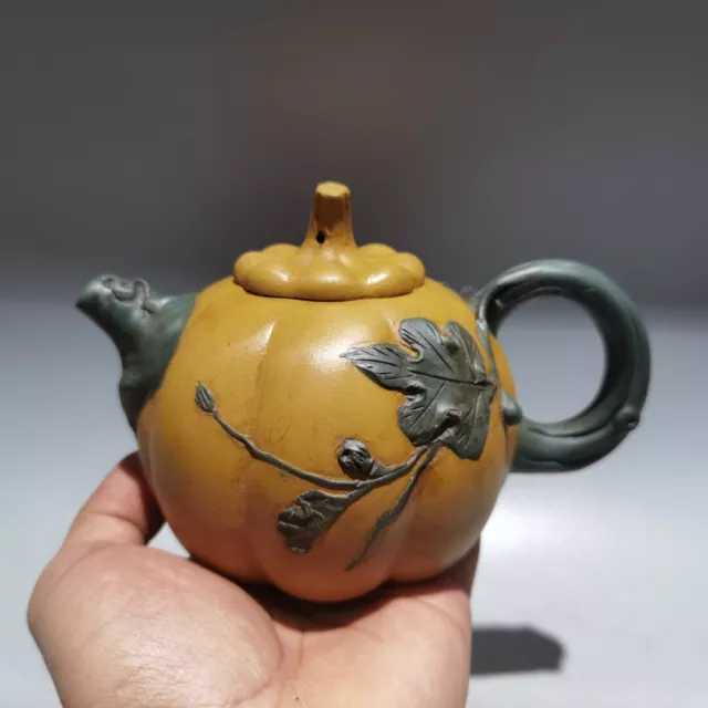 16cm China Yixing Zisha Clay carved pumpkin statue Kung Fu Tea regimen Tea pot