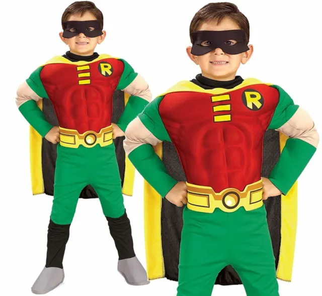 Child ROBIN DELUXE MUSCLE CHEST Boys Fancy Dress Costume Kids DC Comics Outfit