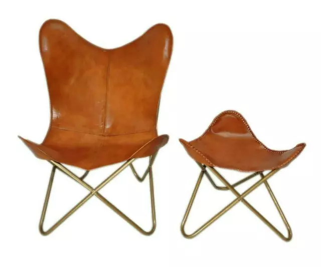 Buffalo Tan Leather Vintage Butterfly Chair Folding With Rest Chair Footstool