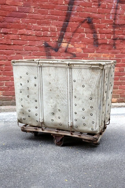 Vintage Industrial Wheel Cart Mail House Laundry on caster wheels canvas tote
