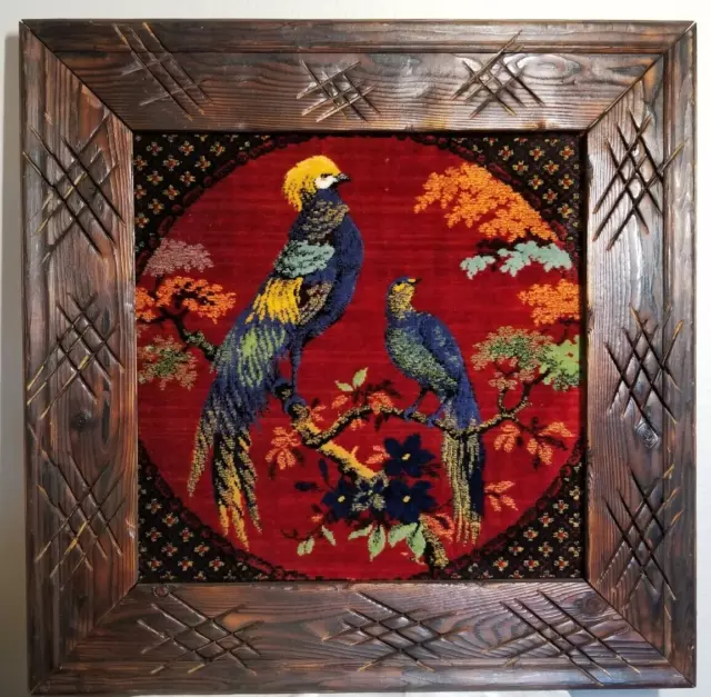 VTG Italian Bird Tapestry Wall Art in Hand Carved Wood Frame 23.5"