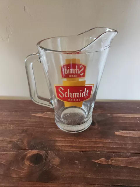 Vintage Schmidt Beer Collector Series Glass Pitcher - Yellow & Red Label 9"