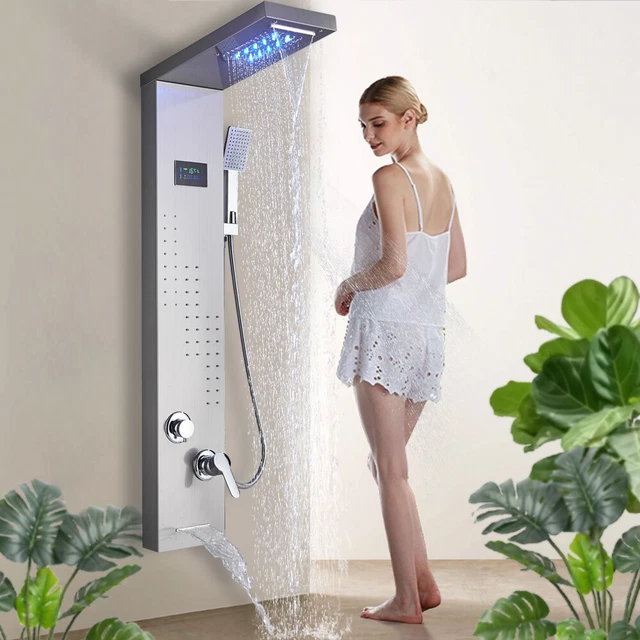 Panel de Ducha Hidromasaje en Acero Inoxidable Con LED Sistema de Ducha Níquel