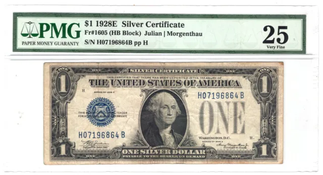 1928E $1 Silver Certificate Funnyback Fr 1605 PMG VF-25 Y00008226