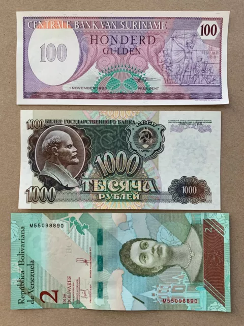 3 Pcs Banknote Lot. Currency Set. Paper Money Russia Lenin Suriname Venezuela