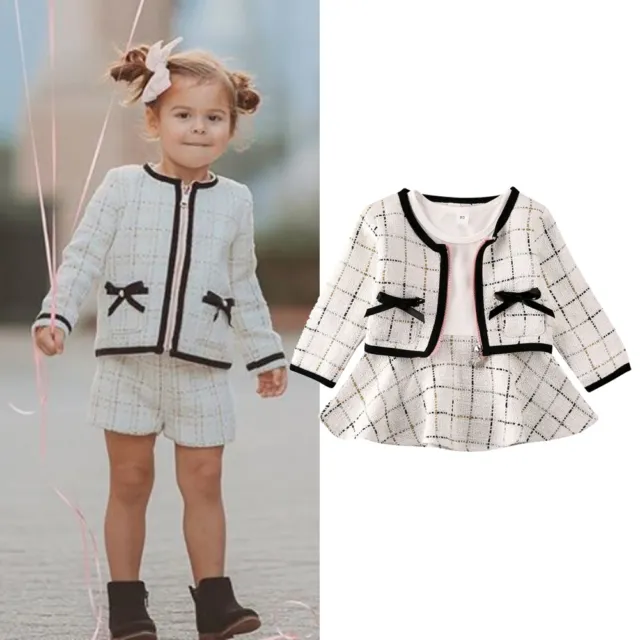 Toddler Baby Girls Kid Plaid Coat Tops + Tutu Dress Formal Outfit Clothes Set