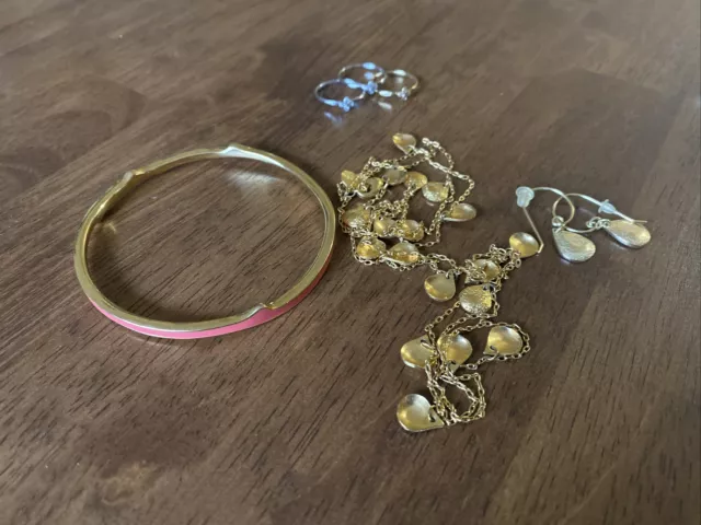 stella and dot necklace gold 18 inches, earrings, rings size 5, bangle bracelet