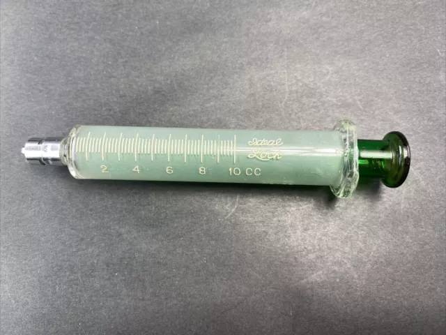 Vintage Green Ideal Lock Glass Hypodermic Syringe 10cc Capacity Unused