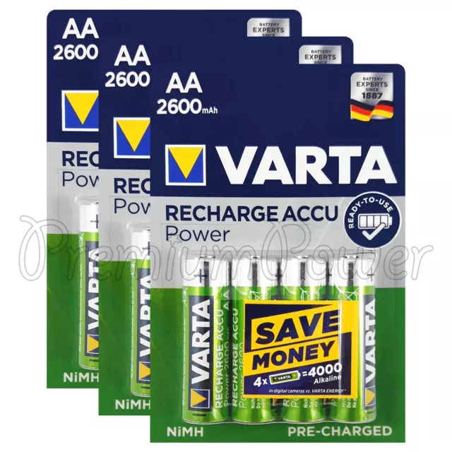 12 X VARTA Aa 2600mAh Piles Rechargeable NI-MH 1.2V HR6 Stilo Puissance Batterie