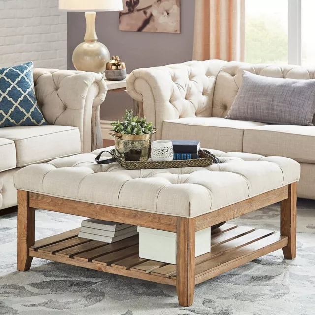 Oak Coffee table Upholstered Large Footstool Ottoman Farmhouse style  Loft table