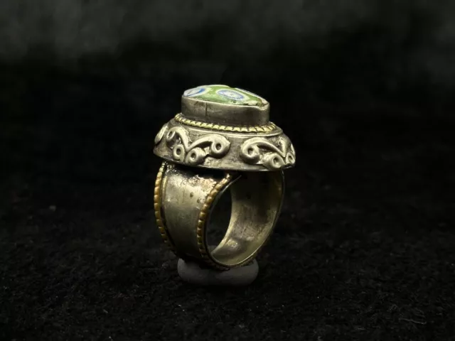 Beautiful Ancient Roman Silver Plated Ring With Old Mosaic Glass Gabri Stone