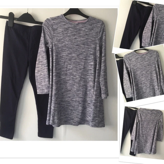 Tu new girls navy leggings & F&F exc used ribbed skater tunic dress 5-6 years