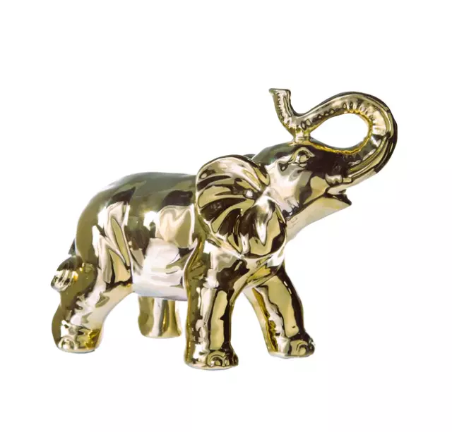 Elephant Statue Trunk Over Head, Brass Colored Ceramic Classic Large Elephant