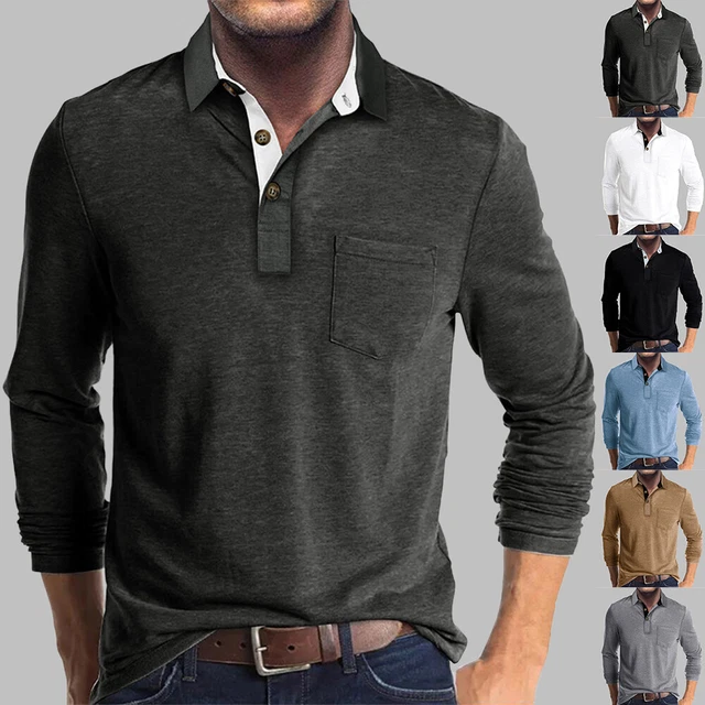 Men Long Sleeve Solid Turn Down Collar T-shirts Casual Pocket Business Blouse OL
