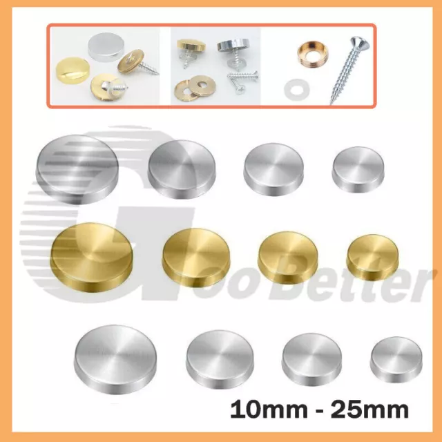 Mirror Screws Cap Screw Brass Chrome 10mm -25mm Decorative Cover Caps Disc Plate