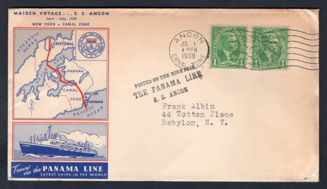 CANAL ZONE 1939 Cover Steamer S/S Ancon Maiden Voyage Panama Posted on High Seas