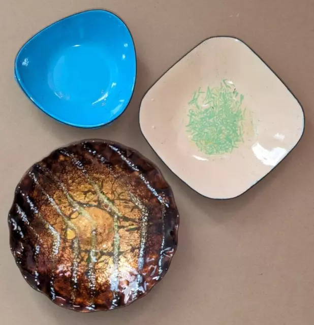 Three Vintage Mid-Century  Copper Enamel Dishes