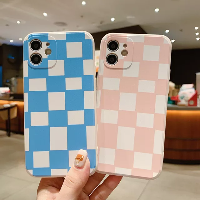 Checkerboard Pink Blue Silicone Case For iPhone 13 12 11 Pro Xs Max X Xr Plus Se