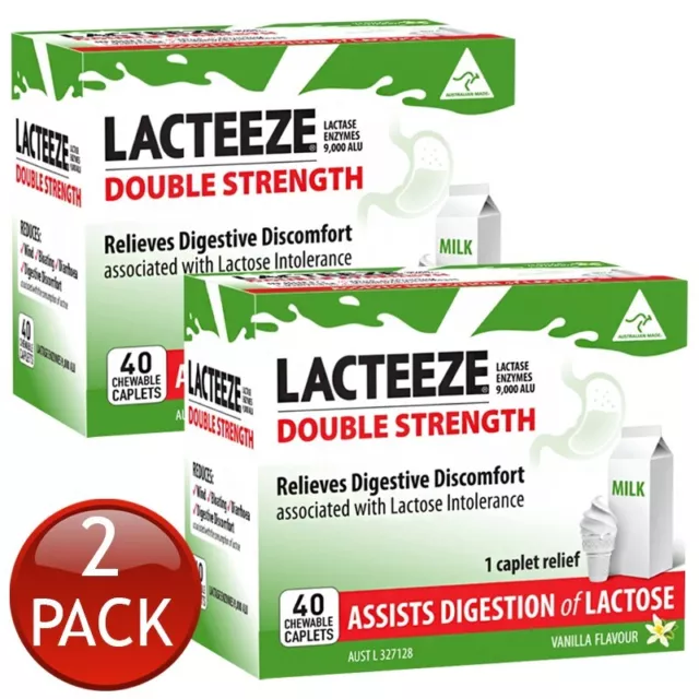 2 x Lacteeze Double Strength Vanilla 40 Chewable Caplets Lactose Digestion