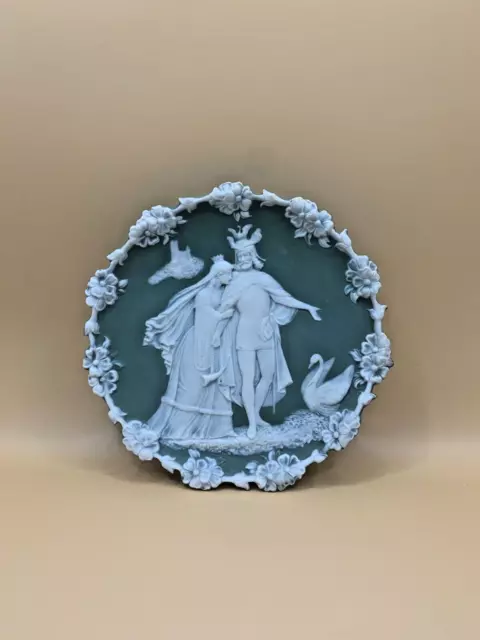 SCHAFER & VATER Green Jasperware 6” Decorative Plaque - Woman Man Swan 15