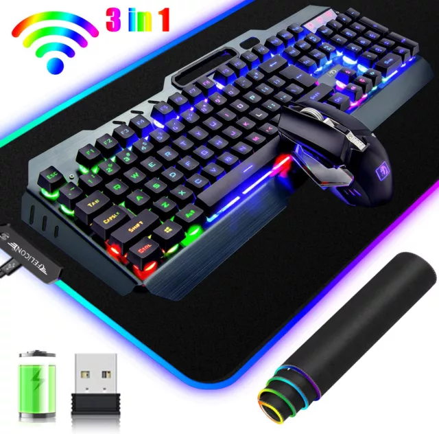 Wireless Rainbow Gaming Keyboard and Mouse Combo + RGB Mouse pad for PC Laptop