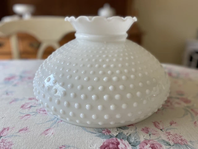 VINTAGE 12" Fitter WHITE Milk Glass HOBNAIL Ruffled GWTW Hurricane Lamp Shade