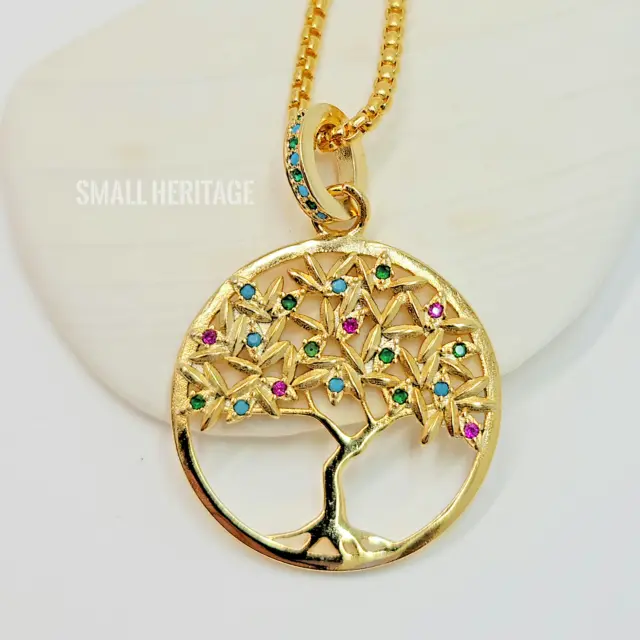 Tree Of Life Pendant Gold Color Colorful Necklace 925 Sterling Silver For Women