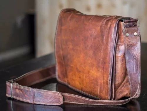 Borsa a tracolla da uomo in vera pelle vintage per laptop, fatta a mano