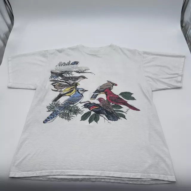 Vintage 90s Men's Harlequin Birds Blue Jay Cardinal White Nature T-Shirt XL USA