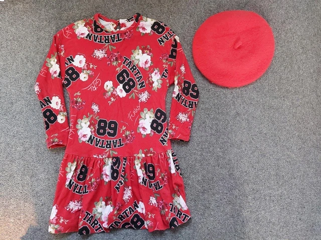 Designer Girls Long Sleeve Dress/Beret, Red/Multicoloured Design, 6 Years