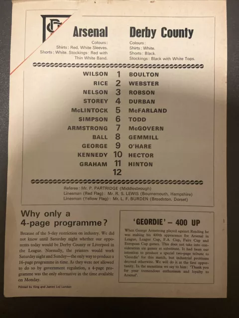 Arsenal v Derby County(FA Cup 5th round replay 71/2) 29/2/72 TM