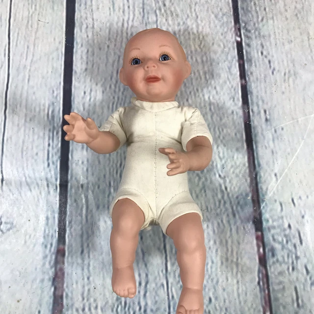 Vintage Bisque Porcelain Cloth Body Baby Doll w Blue Eyes No Clothes - 7.5" Long