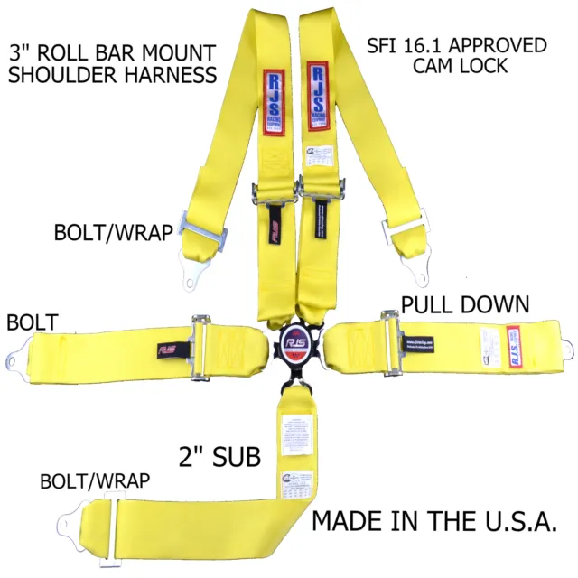 Rjs Racing Sfi 16.1 Cam Lock 5 Pt Racing Harness Roll Bar Mount Yellow 1032506