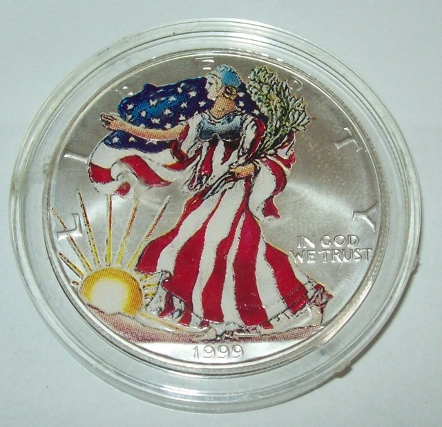 1999 American Silver Eagle 1 Troy Oz. .999 Fine One Dollar Coin Colorized $1 1999 American Silver Eagle 1 Troy Oz. .999 Fine One Dollar Coin Colorized $1