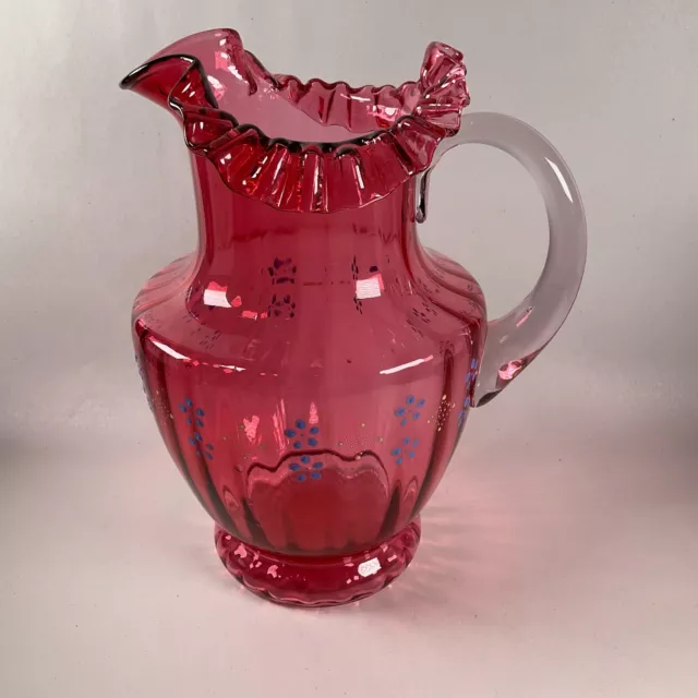 Victorian Hand Blown Cranberry Ruffled Rim Pitcher Enamel Ribbed Large