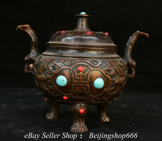 7.4" Marked Old China Bronze Inlay Gems Dynasty 3 Leg incense burner Censer