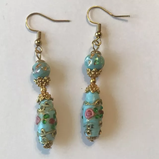 New Vintage Blue Wedding Cake Glass Bead Pierced Dangling Earrings