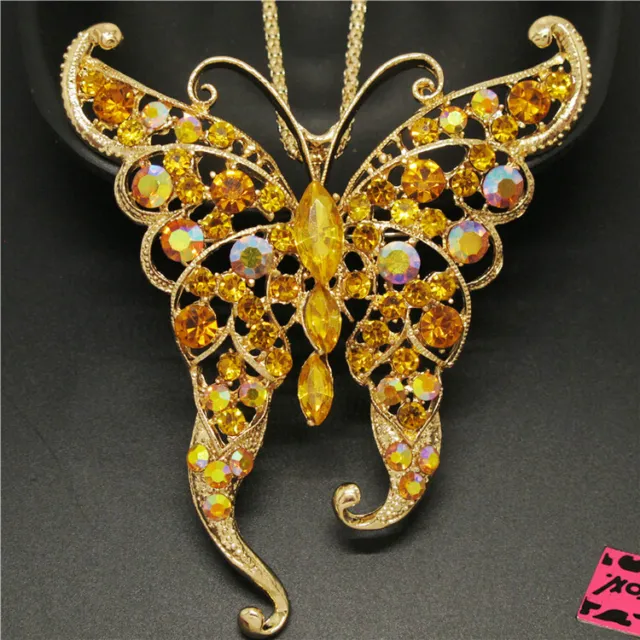 Betsey Johnson Yellow Bling Rhinestone Butterfly Crystal Sweater Chain Necklace