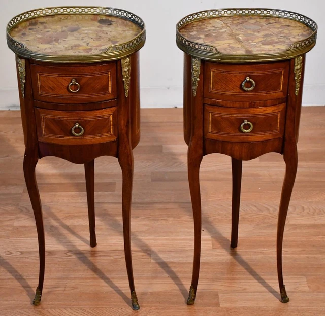 1890 Antique French Louis XV Walnut inlaid Marble top nightstands bedside tables