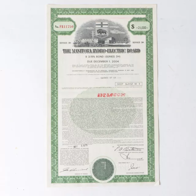 1979 The Manitoba Hydro-Electric Board $25,000 Bond Certificate 25 Year