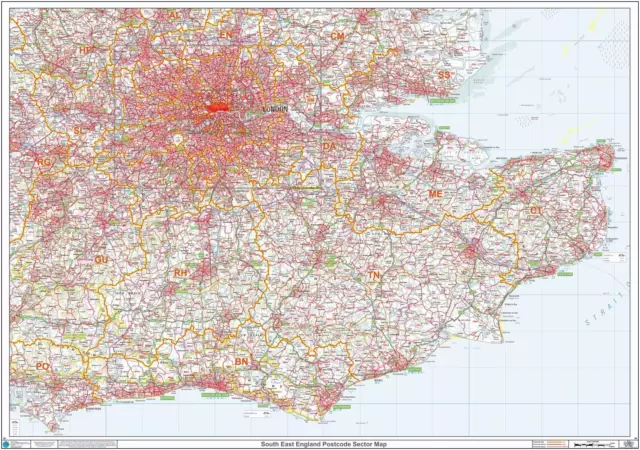Postleitzahl Sektorkarte - S4 - Südostengland - Wandkarte - kunststoffbeschichtet 2A 119 cm