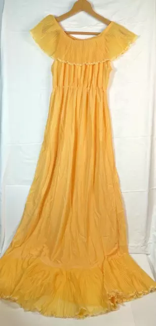 Poland Night Gown Acetate Size M Long Egg Yolk Yellow Chiffon Accent Lace 80s