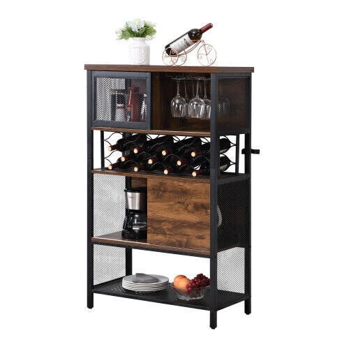 Industrial Bar Cabinet w/Wine Rack for Liquor and Glasses Wood Metal Cabinet USA