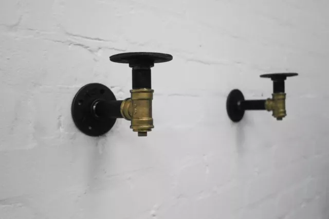 Industrial Shelf Brackets - Steampunk Black & Brass Pipe Fittings - 3 Designs!