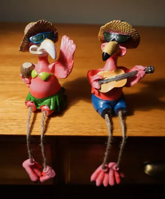 2 FLAMINGO Figurines Luau Grass Hula Skirt Coconut Tropical Drink Tiki Bar Decor 2 FLAMINGO Figurines Luau Grass Hula Skirt Coconut Tropical Drink Tiki Bar Decor