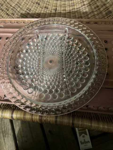 Vintage Crystal Bubble Hobnail Glass Divided Round 3-Section  Candy/Nut Dish 11"
