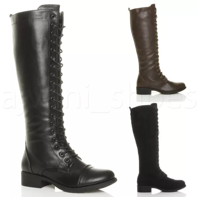 Womens Ladies Low Block Heel Lace Up Zip Knee High Calf Biker Military Boot Size