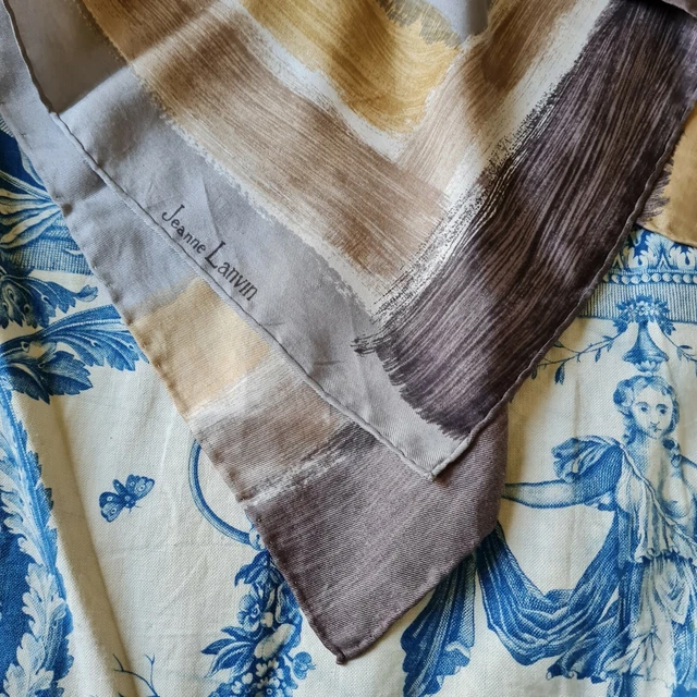 Foulard Carré Vintage Jeanne Lanvin Paris 100% Soie - 80x80 Cm Bleu Vert - Occasion Bon état