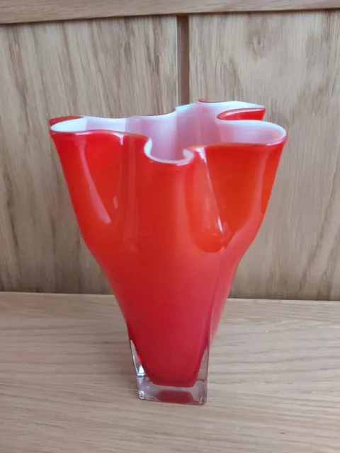 Vintage Murano Style Ruby Glass Frill Rim Handkerchief Opaque Inner Vase-1960s